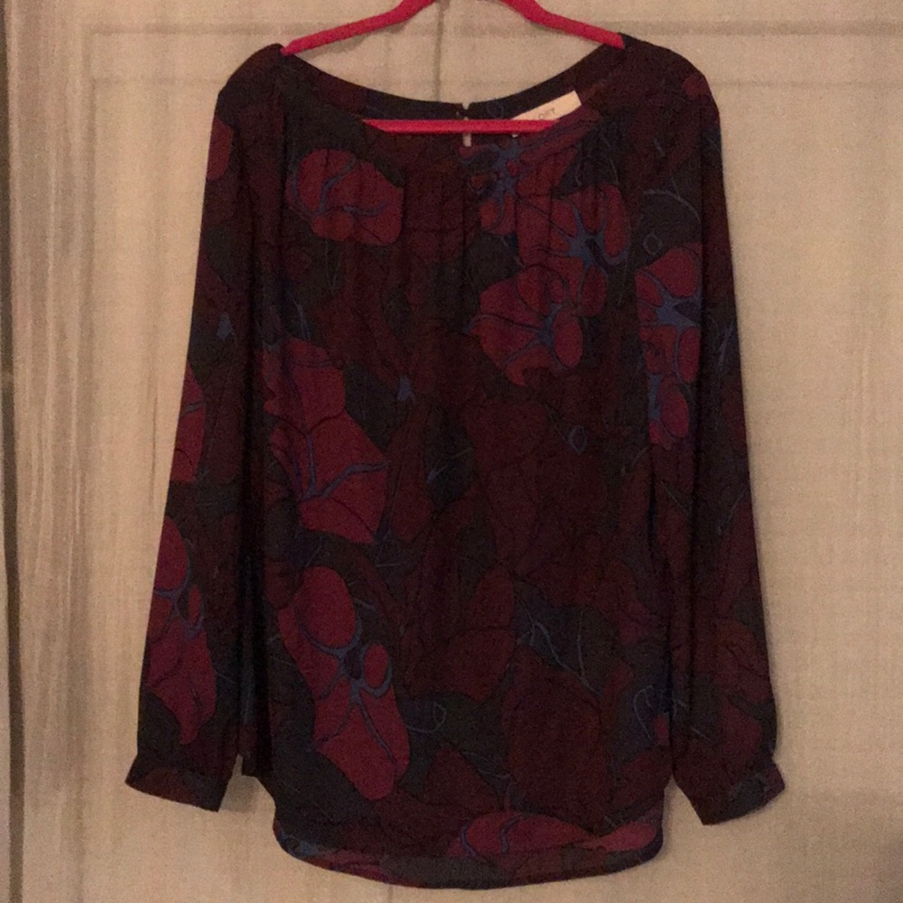 Loft| burgundy + navy boat neck blouse